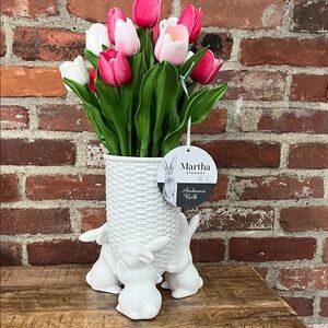 Martha Stewart White Rabbit Vase with Pink and White Tulips